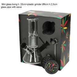 340233 Σετ Γυάλινο Bong 20εκ Με Πλαστικό Grinder 6εκ. & Γυάλινη Πίπα