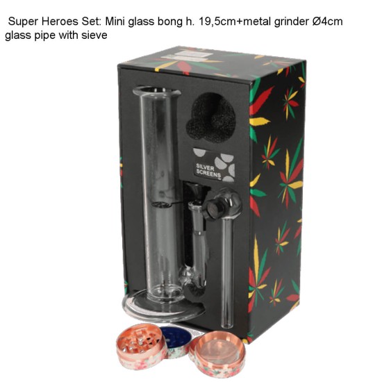 340234 Σετ Γυάλινο Bong 19.50εκ Με Μεταλλικό Grinder 4εκ. & Γυάλινη Πίπα